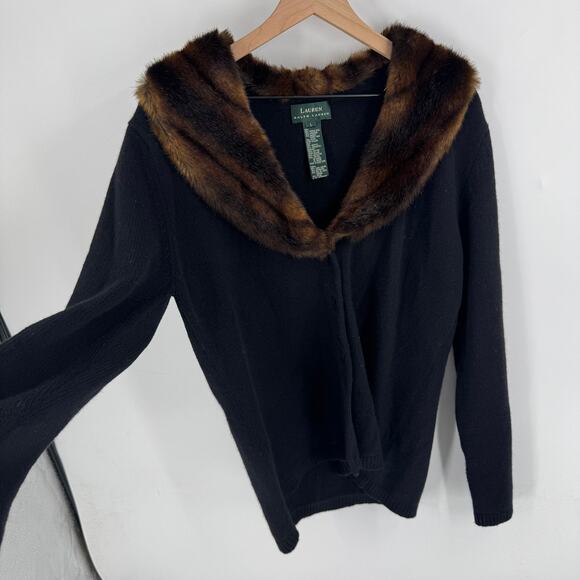 Lauren Ralph Lauren Black Merino Cashmere Angora Cardigan Faux Fur Collar Size L - Picture 7 of 9